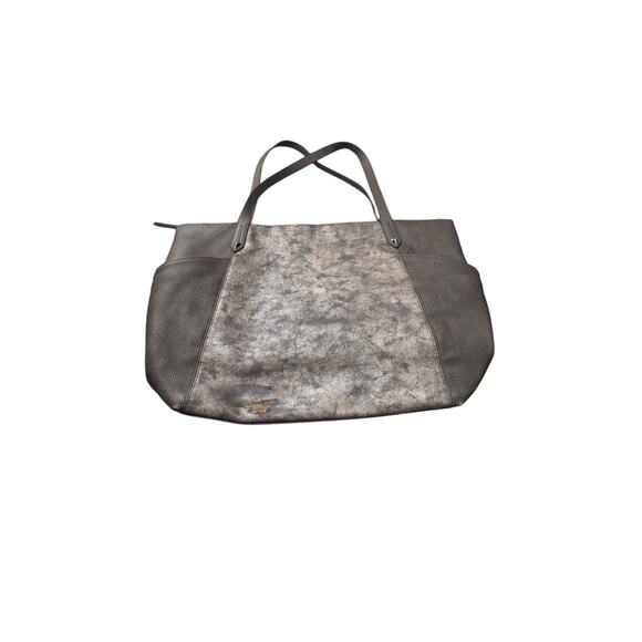 Stella & Dot Gray Leather Zip Top Bag Silver Hardware Inside Zip Pockets - Picture 3 of 8